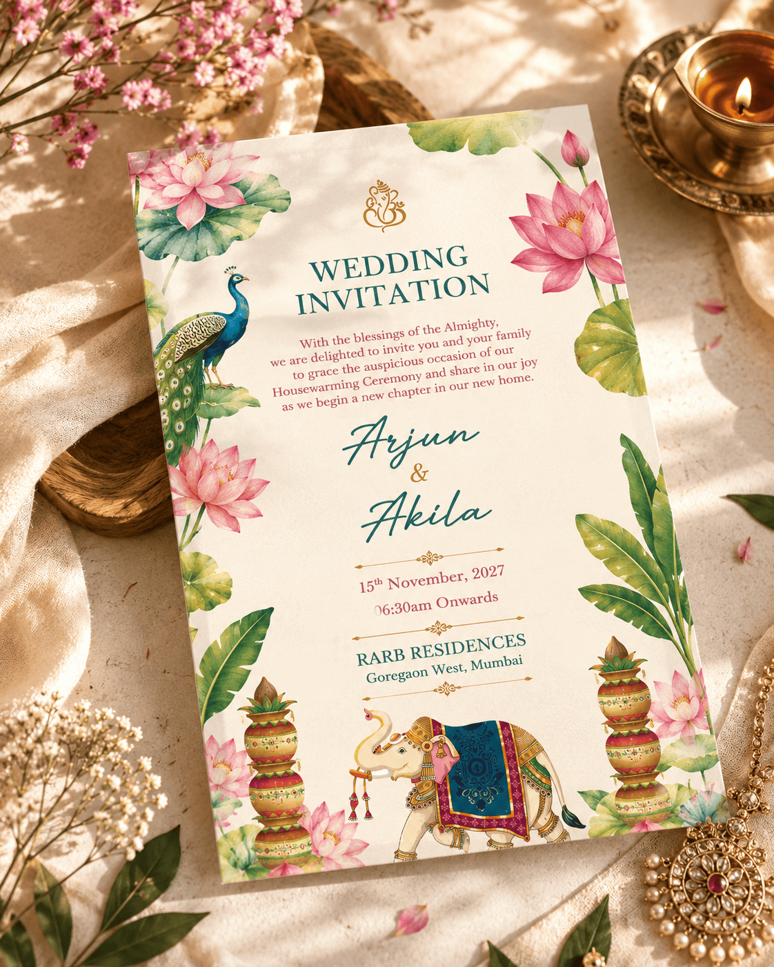 Lotus Peacock Heritage Wedding Invitation