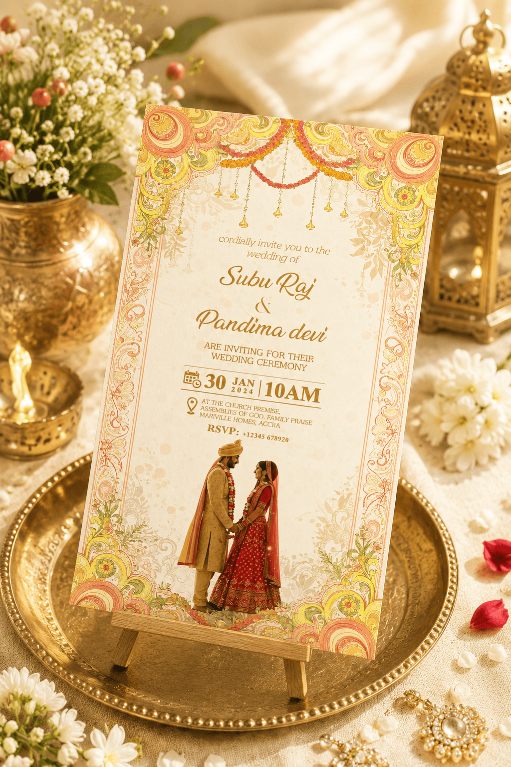 Pastel Floral Scroll Wedding Invitation