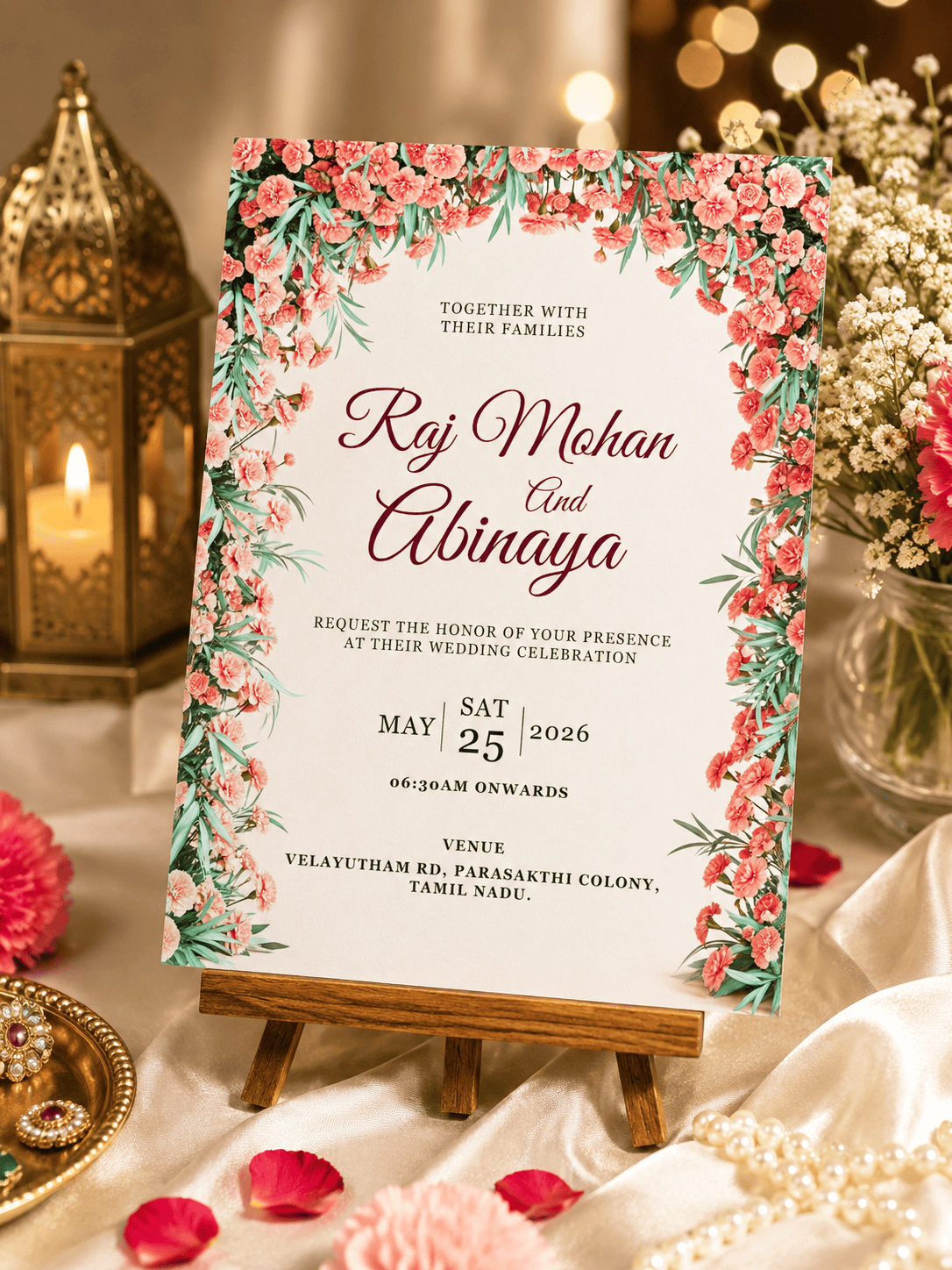 Pink Carnation Floral Wedding Invitation