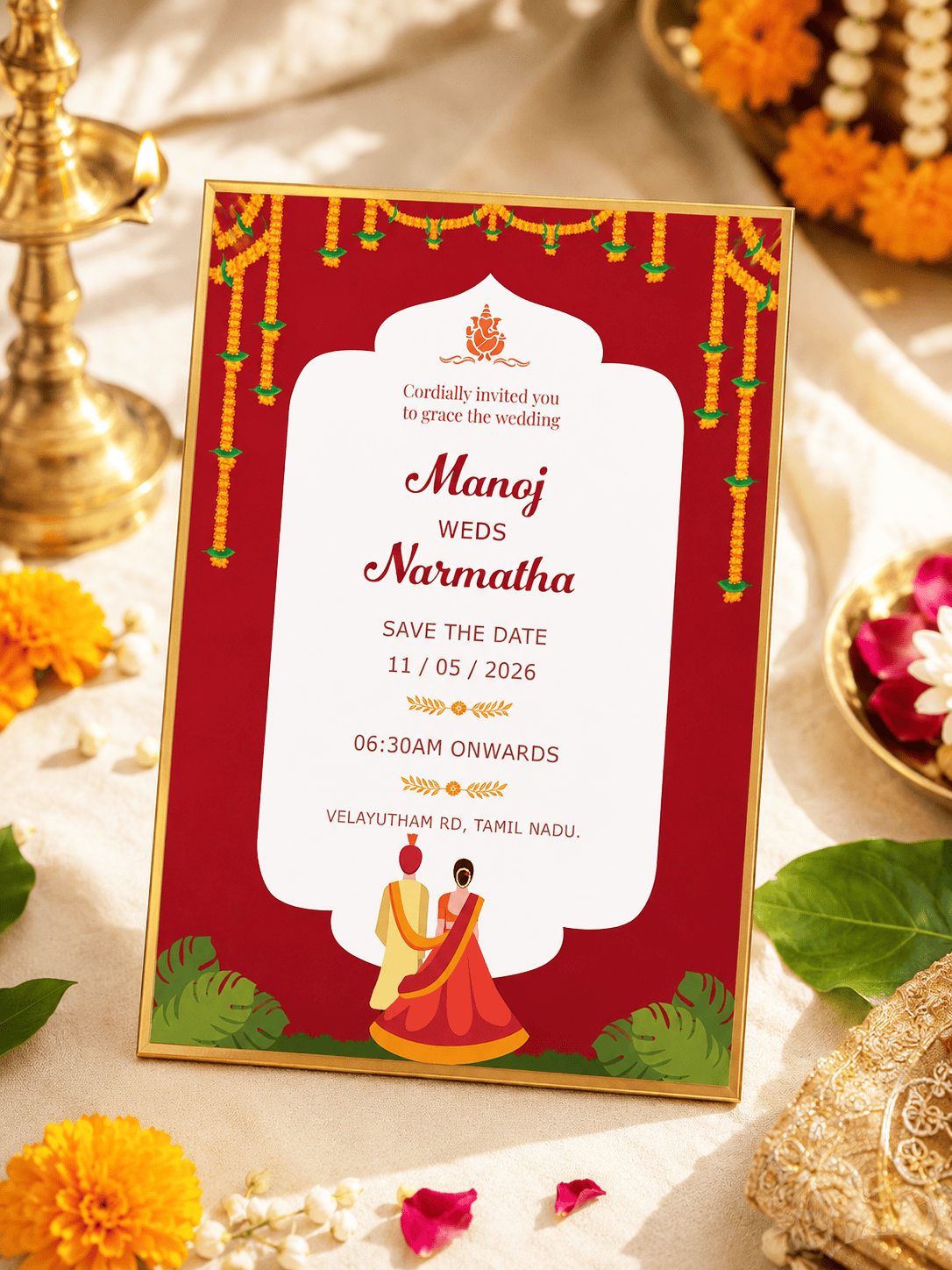 Classic Maroon Garland Wedding Invitation