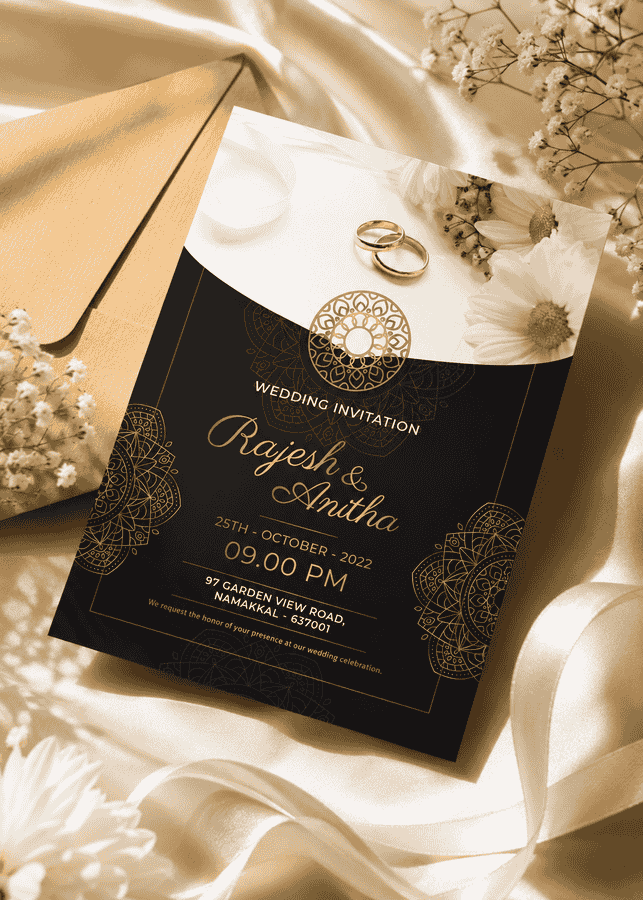 Black Gold Mandala wedding Invitation