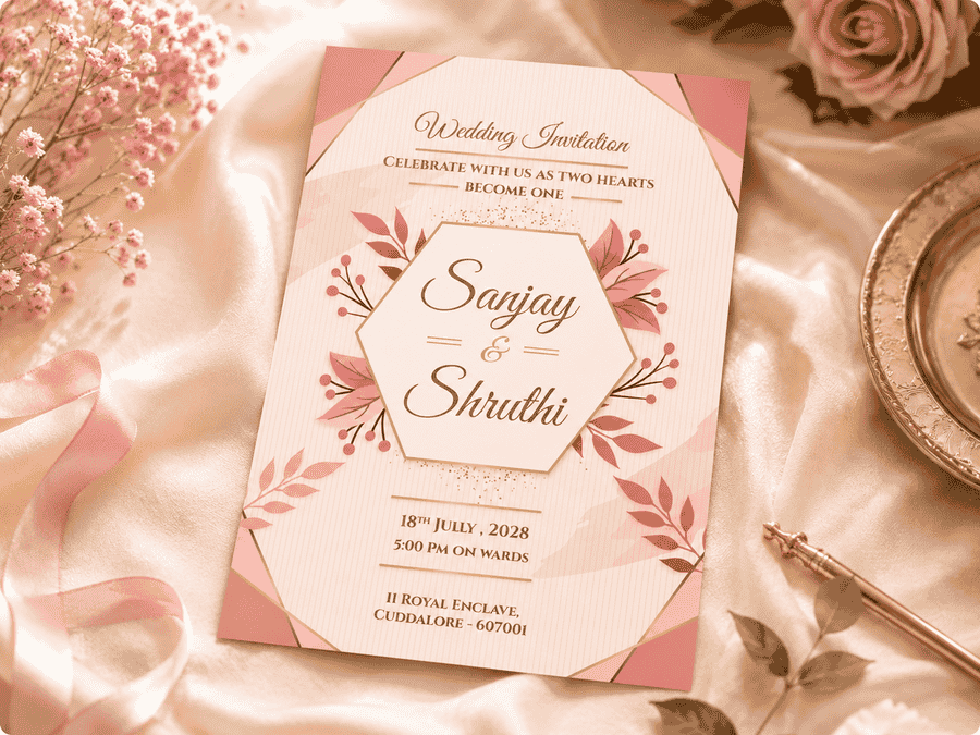 Blush Hexagon Floral Wedding Invitation