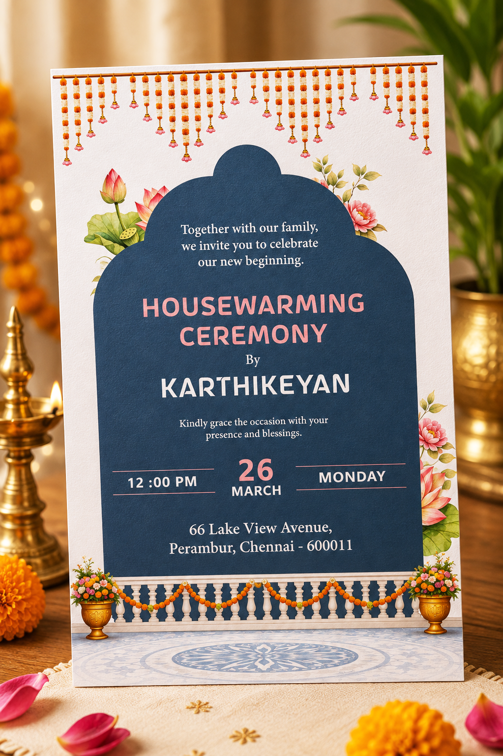 Blue Lotus Marigold Housewarming Invitation