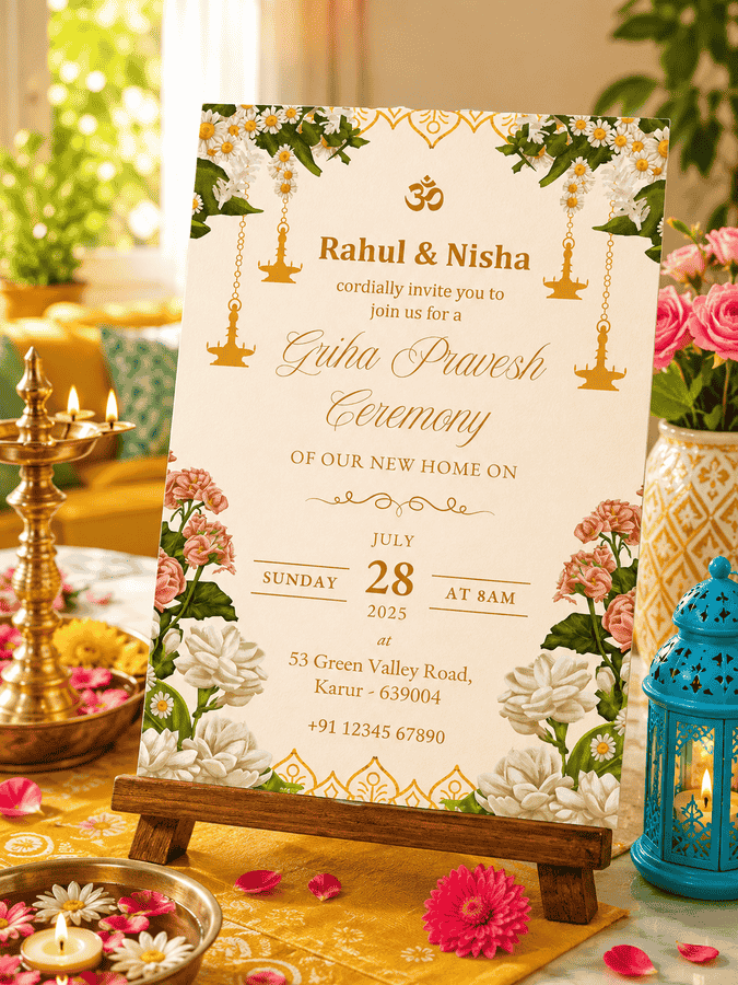 Floral Om Griha Pravesh Invitation