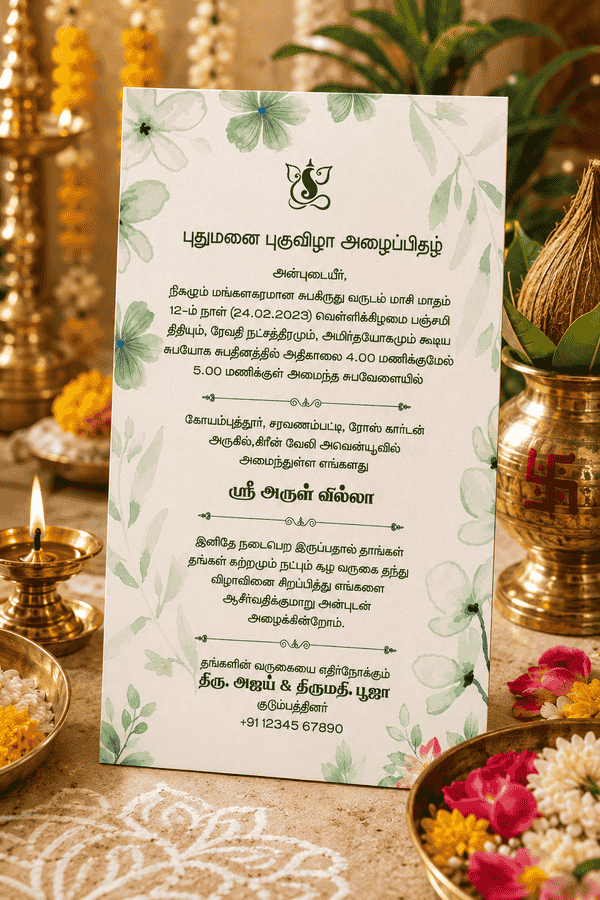 Mint Green Floral Tamil Housewarming Invitation
