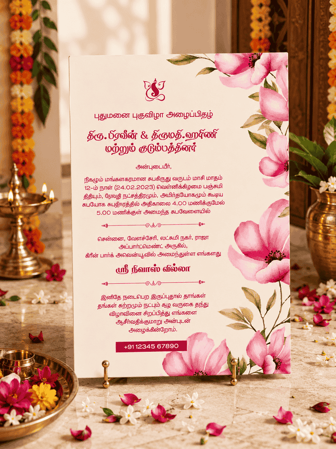 Pink Floral Tamil Housewarming Invitation