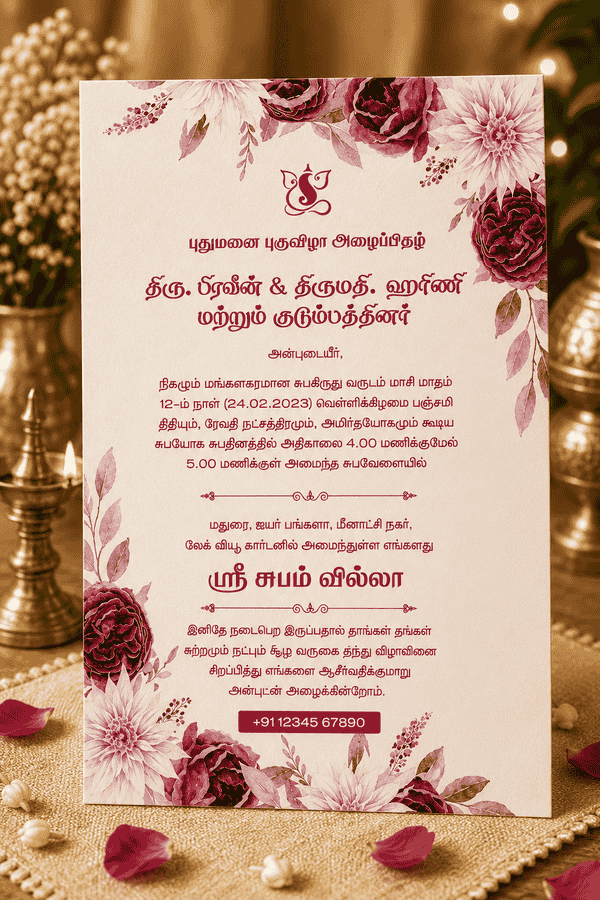 Burgundy Rose Floral Tamil Housewarming Invitation