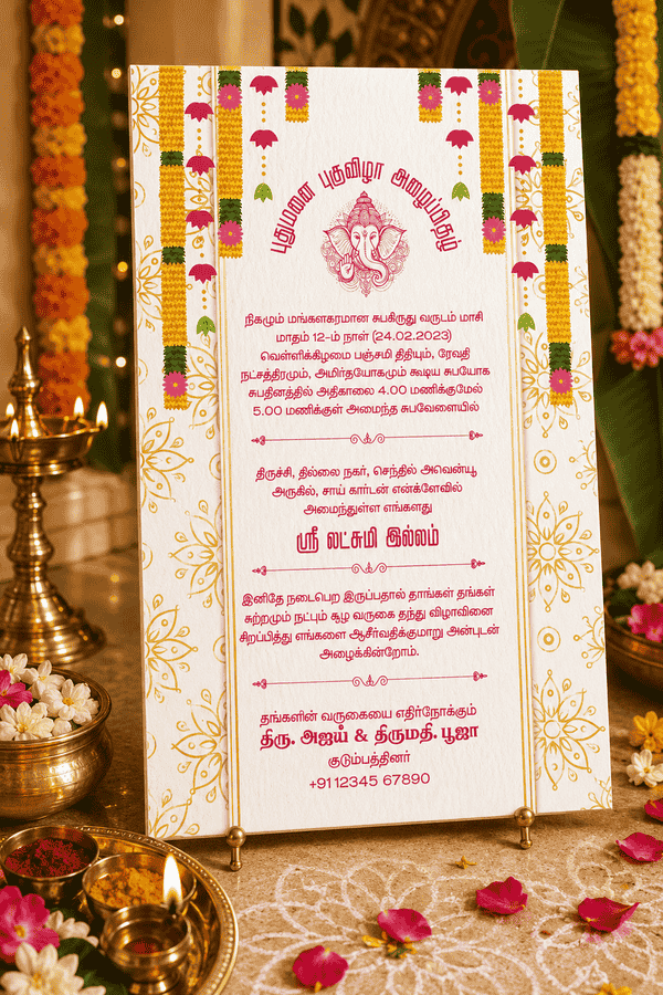 Traditional Tamil Ganesha Housewarming Invitation