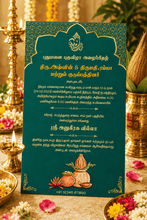 Elegant Teal Tamil Housewarming Invitation