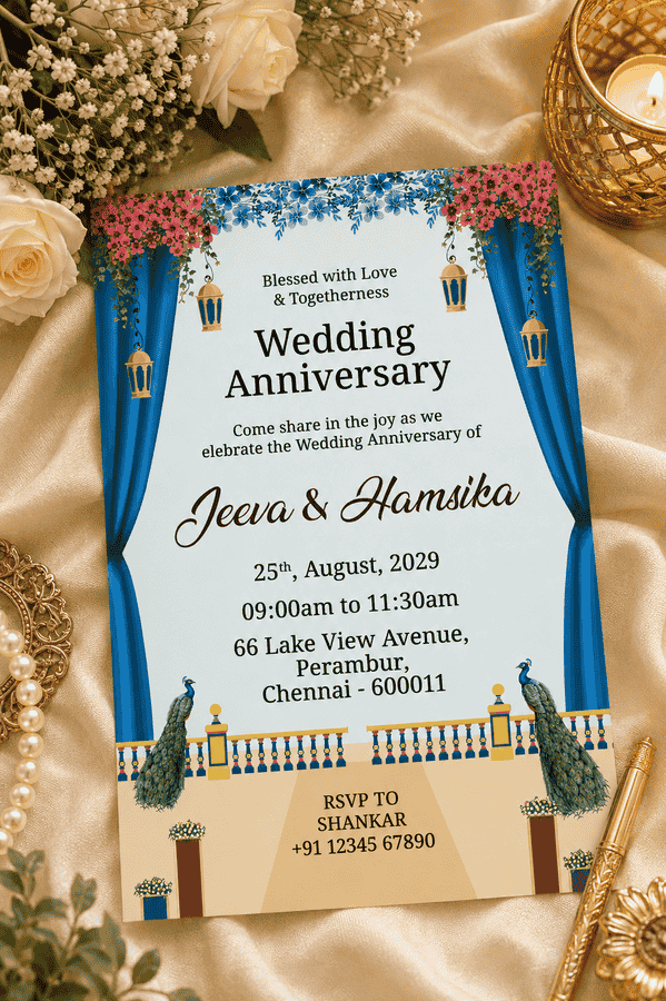 Blue Peacock Wedding Anniversary Invitation