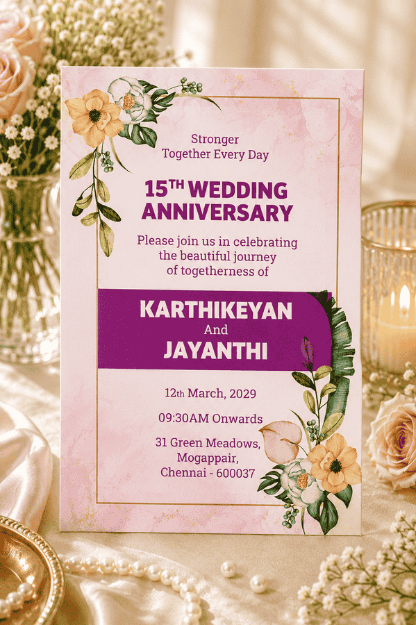 Pink Floral 15th Wedding Anniversary Invitation