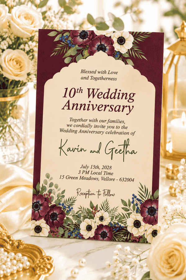 Burgundy Floral 10th Wedding Anniversary Invitation