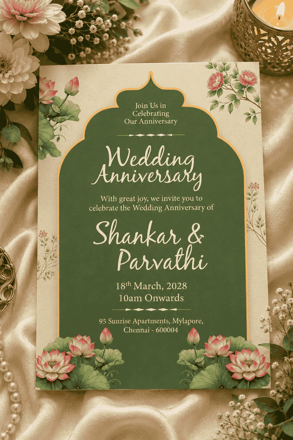 Olive Green Lotus Wedding Anniversary Invitation