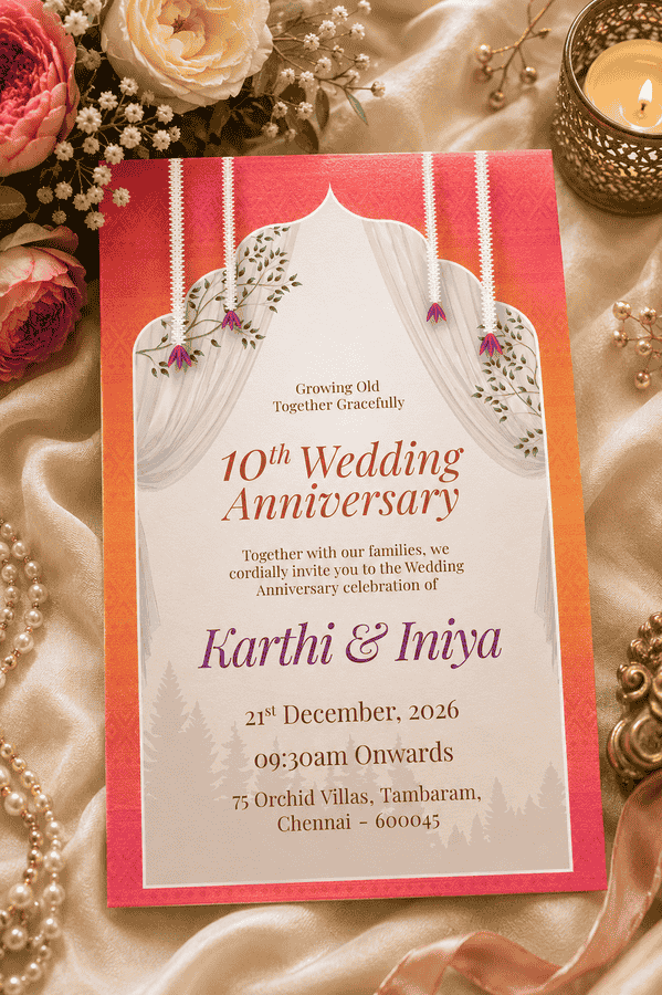 Coral Draped 10th Wedding Anniversary Invitation