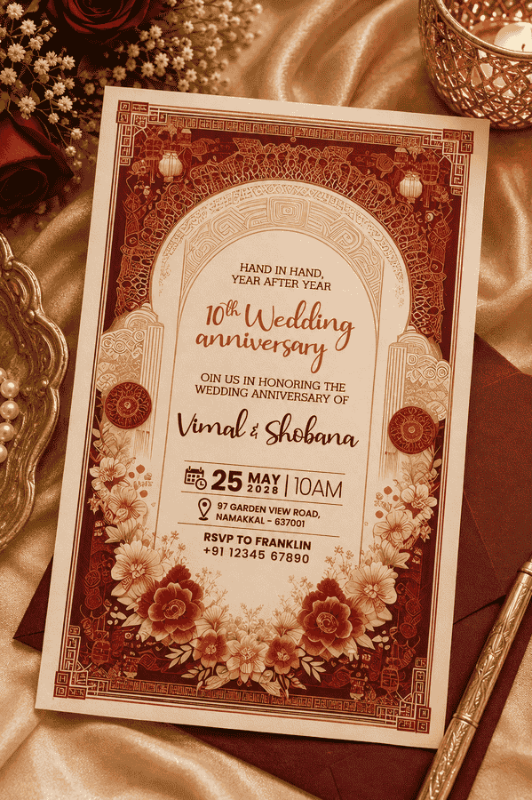 Red Ornamental 10th Wedding Anniversary Invitation