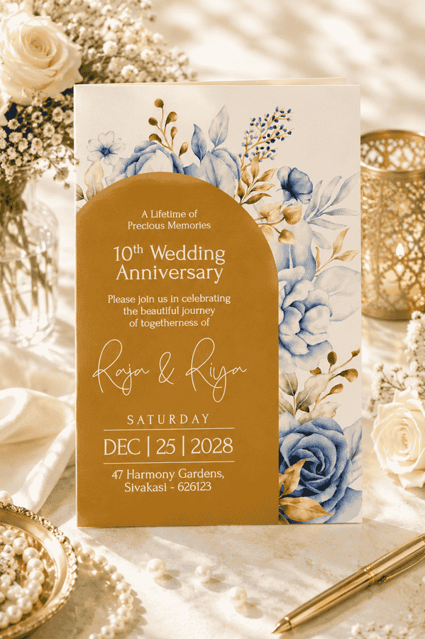 Blue & Gold Floral 10th Wedding Anniversary Invitation