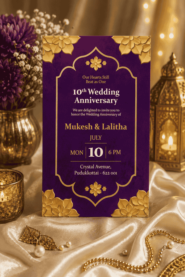 Purple & Gold 10th Wedding Anniversary Invitation