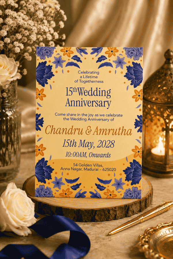 Blue & Orange 15th Wedding Anniversary Invitation