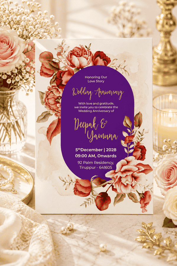 Purple Floral Wedding Anniversary Invitation