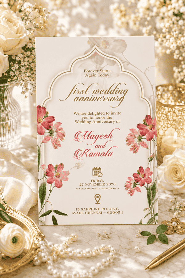 Elegant Pink Floral First Anniversary Invitation