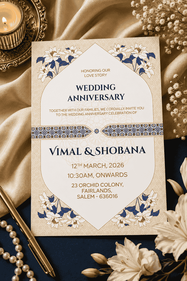 Blue & Gold Floral Wedding Anniversary Invitation