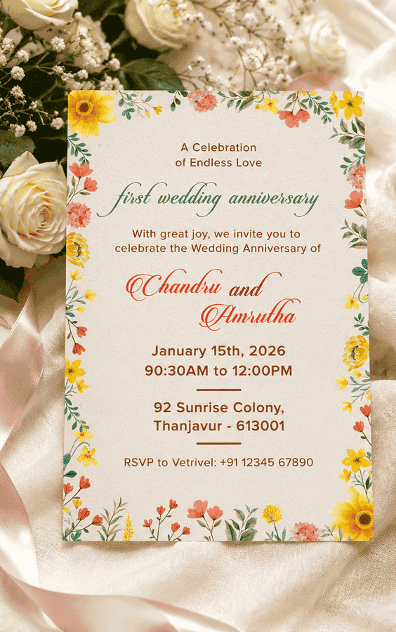 Colorful Floral First Wedding Anniversary Invitation