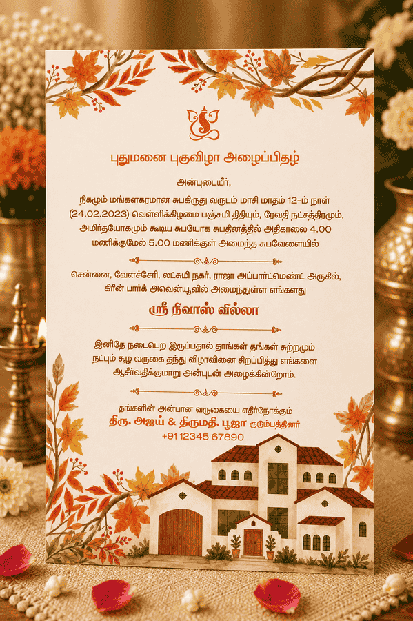 Autumn Floral Tamil Housewarming Invitation