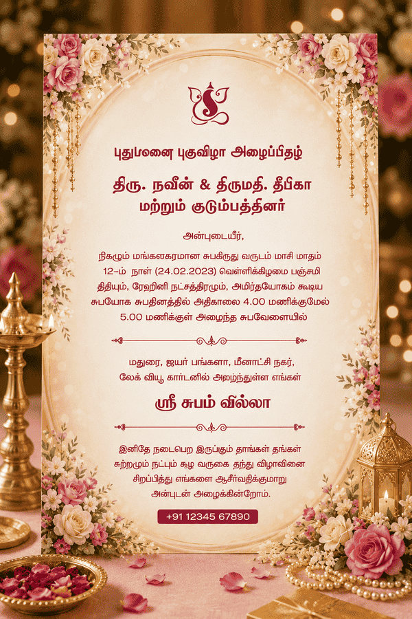Elegant Traditional Tamil Housewarming Invitation