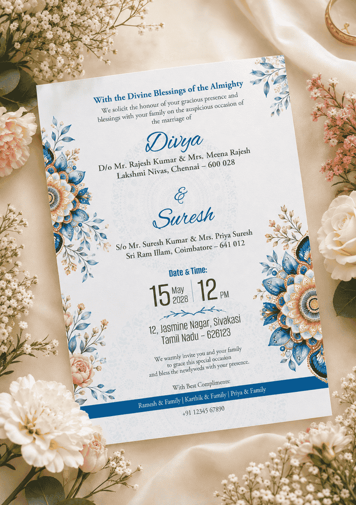 Blue Floral Mandala Wedding Invitation