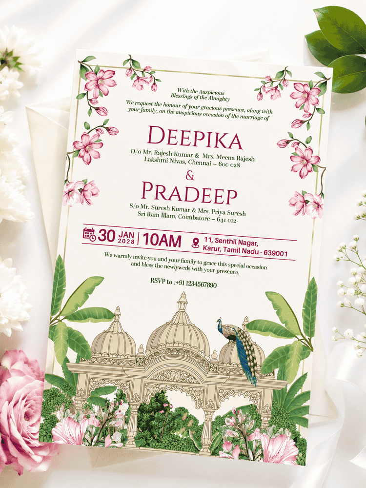Pink Floral Palace Wedding Invitation
