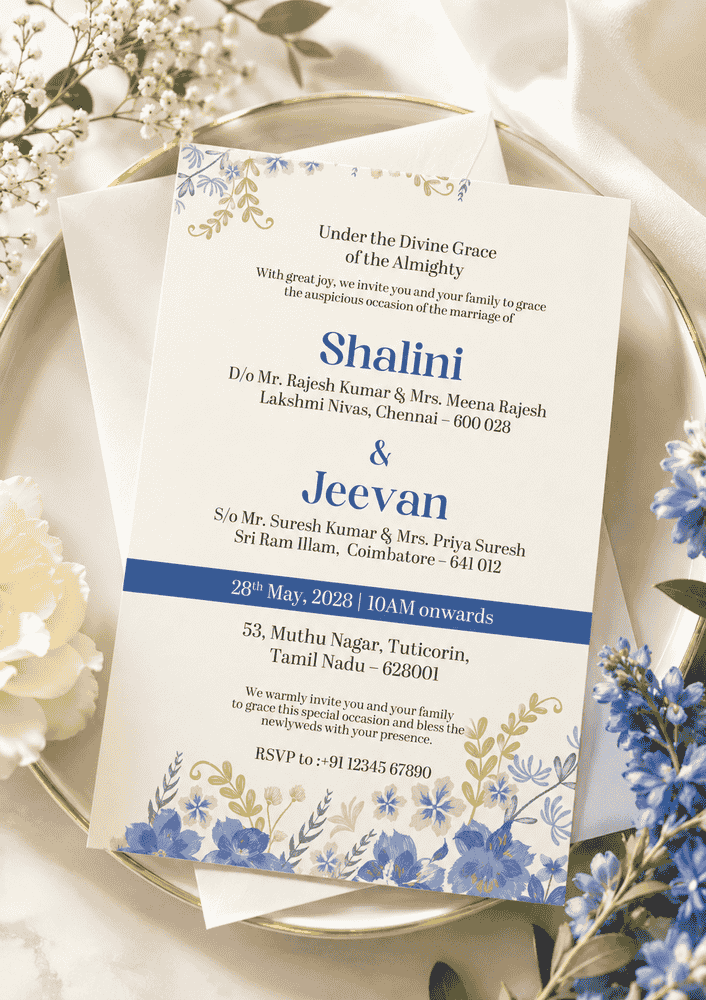 Blue Floral Wedding Invitation