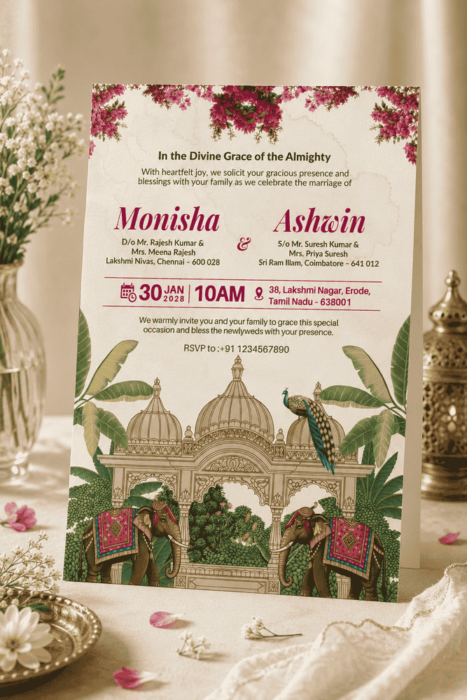 Peacock Elephant Heritage Wedding Invitation