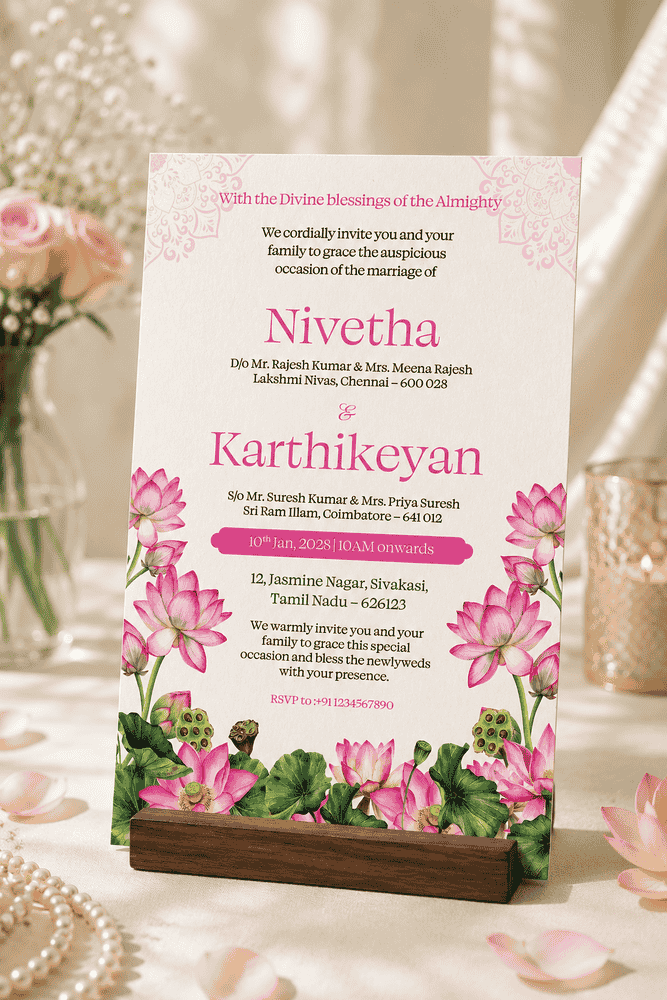 Pink Lotus Floral Wedding Invitation
