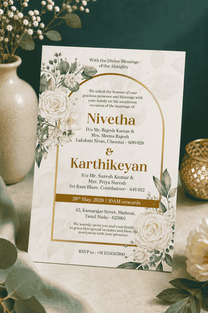 Golden Botanical Rose Wedding Invitation