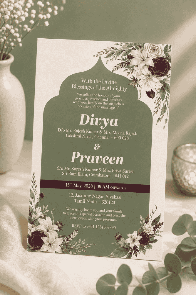 Sage Floral Frame Wedding Invitation