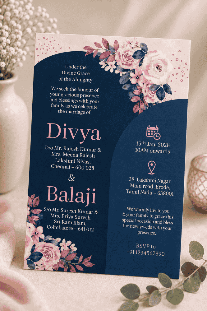 Navy Blush Floral Wedding Invitation