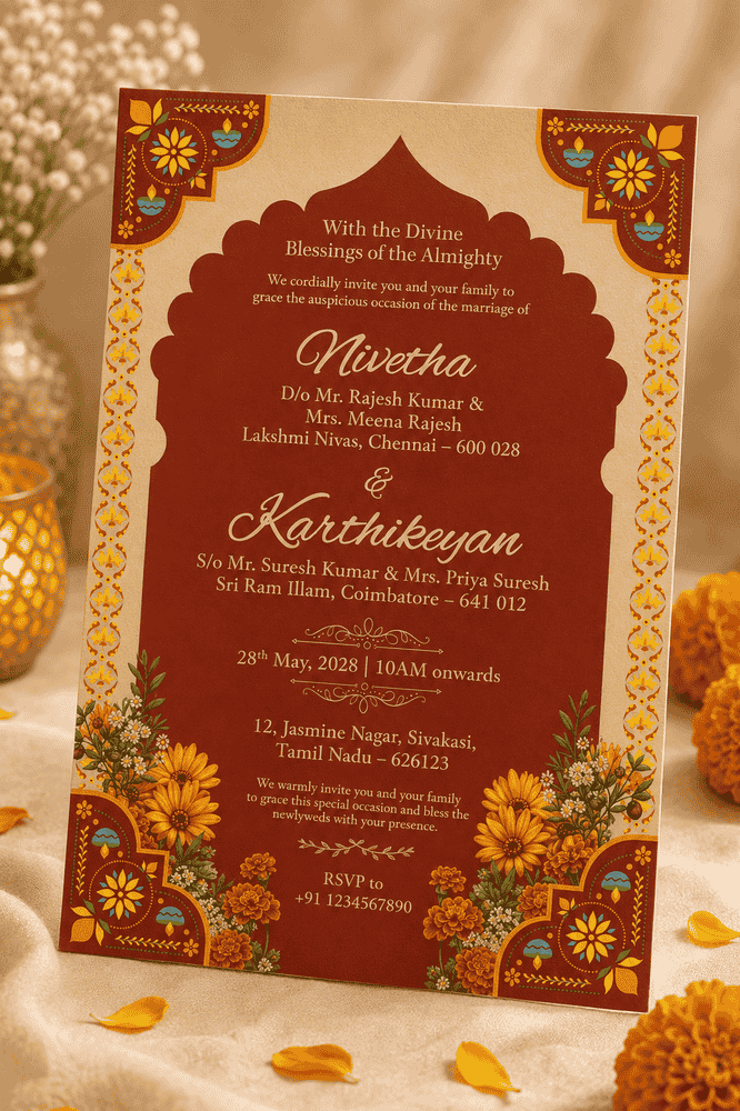 Red Festive Marigold Wedding Invitation