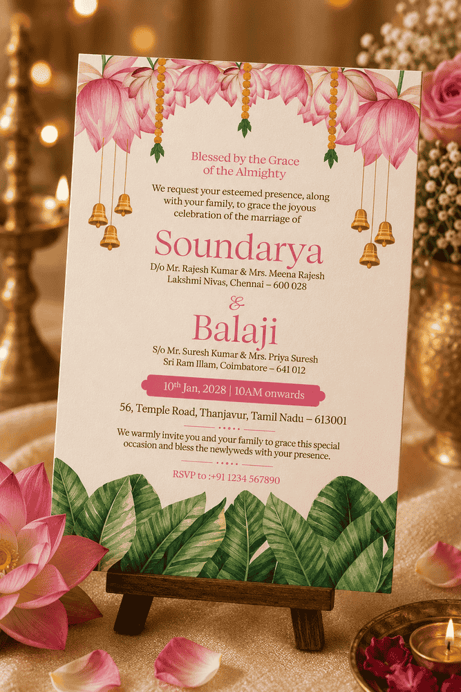 Pink Lotus & Bells Wedding Invitation