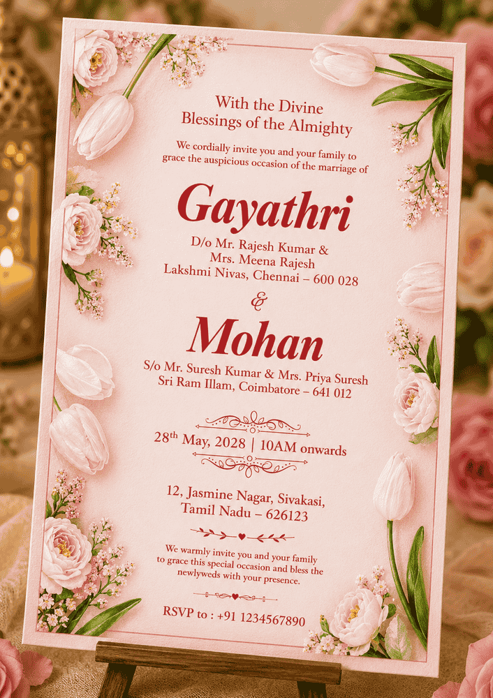 Soft Pink Tulip Garden Wedding Invitation